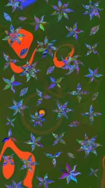 Raster düz çiçek çizim deseni. Hediye ambalaj kağıdı, tebrik kartları, posterler ve pankart tasarımı. Yeşil ve mavi renkte çiçekler.