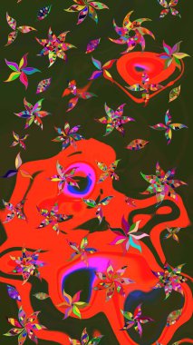 Renkli Bahar Teması eskiz kalıbı. Düz Çiçek Elementleri Tasarımı. Yeşil ve kırmızı renkte çiçekler. Sevimli çiçek raster deseni.