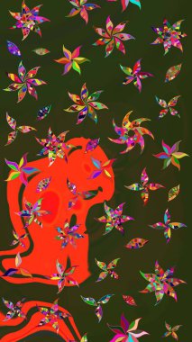 Yeşil ve gri renkli çiçekler. Raster illüstrasyonunda çiçek deseni çizimi.