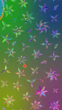 Raster illüstrasyonundaki çiçek desenli çizim. Yeşil ve mavi renkte çiçekler.