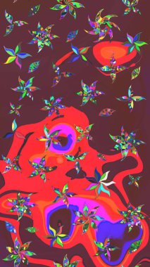 Raster illüstrasyonu. Şirin çiçekli eskiz deseni ve kahverengi ve kırmızı renklerde yapraklar, suluboya çiçek deseni, duvar kağıdı, kart veya kumaş için fayanslı.