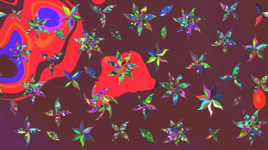 Raster illüstrasyonu. Düz Çiçek Elementleri Tasarımı. Renkli Bahar Teması eskiz kalıbı. Kahverengi ve kırmızı renkte zarif çiçekli suluboya.