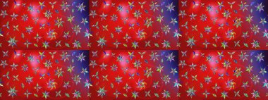 Raster illüstrasyonu. Kırmızı ve mor renkte çiçekler. Çiçek desenli çizim. Raster illüstrasyonu. Asya tekstil tarzında.