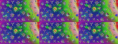 Raster illüstrasyonu. Yeşil ve mavi renklere karalamalar çizilmiş çiçek deseni.