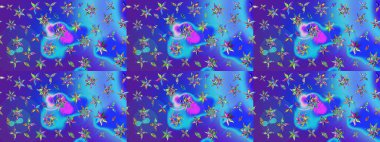 Kabile sanatı boho baskısı, klasik çiçek arkaplanı. Arkaplan dokusu, duvar kağıdı, mavi ve mor renkli çiçek teması. Soyut etnik raster çizim kalıbı.