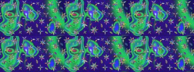 Eskiz arkaplan modeli. Mavi ve yeşil yapraklı yabani çiçekler. Suluboya, elle çizilmiş. Raster illüstrasyonu.