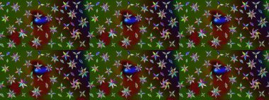 Parlak çiçekli yeşil ve kahverengi renkler üzerine soyut çizim deseni. Çiçeksel elementlerle süslenmiş zarif raster dokusu. Küçük çiçekte şirin bir çiçek deseni var..