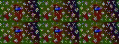 Parlak çiçekli yeşil ve kahverengi renkler üzerine soyut çizim deseni. Çiçeksel elementlerle süslenmiş zarif raster dokusu. Küçük çiçekte şirin bir çiçek deseni var..