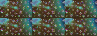 Kumaş desenli papatya çiçeği detayı. Kahverengi ve yeşil renkte çiçekler.