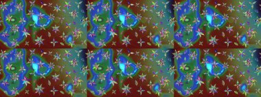 Çiçekli karalama şeklinde Raster çiçek deseni. Yumuşak, bahar çiçekli arka plan. Yeşil ve mavi renkte çiçekler.