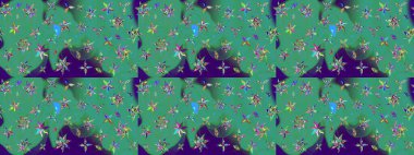 Çiçekli karalama şeklinde Raster çiçek deseni. Nazikçe, güzel çiçek arkaplanı. Yeşil ve mavi renkte çiçekler.
