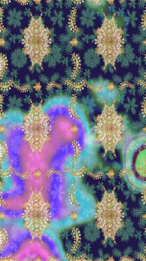 Raster Golden Mehndi eskiz kalıbı. Mavi renkte desen. Kına dövmeli süs çiçekleri, altın çıkartmalar, mehndi ve yoga tasarımı, kartlar ve parmak izleri..