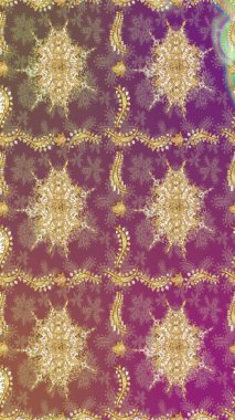 Parlak dantel, stilize çiçekler, şal desenli. Mor renkli ve altın elementli eskiz deseni. Hassas altın deseni açın. Raster. Altın desenli bukleler çiz. Doğu tarzı arabesk.