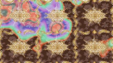 Kahverengi renklerde altın element. Doku arka planında altın duvar kâğıdı. Barok tarzında altın çiçekli süs. Damask çizimi yinelenen arkaplan.