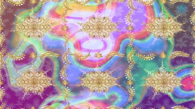 Parlak dantel, stilize çiçekler, şal desenli. Hassas altın deseni açın. Doğu tarzı arabesk. Raster. Altın desenli bukleler çiz. Tarafsız renklerde altın elementlerle çizim deseni.