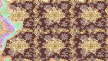 Raster illüstrasyonu. Kahverengi renkli ve altın elementli klasik eskiz deseni.