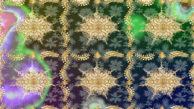 Altın elementli yeşil renklerde altın eskiz deseni. Raster illüstrasyonu. Tekrarlayan elementlerle soyut arkaplan oluşturun. Sketch damask klasik altın desen.