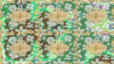 Raster altın tekstil baskısı. Çiçek kiremitleri. İslam tasarımı. Eskiz desenli oryantal süs. Altın elementlerle yeşil renklerde altın desen.