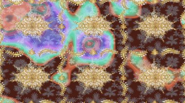 Klasik Raster Golden eskiz kalıbı. Çiçek süsü kumaş deseni, cam, altın elementlerle kahverengi renklerde çiçek desenli metal..