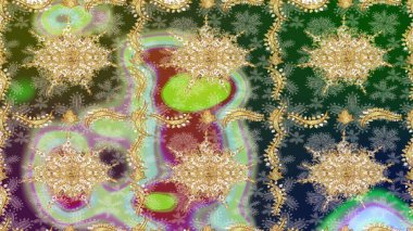 Yeşil renkte altın elementler. Barok tarzında eskiz oryantal süsü. Geleneksel klasik Raster altın çizim kalıbı.