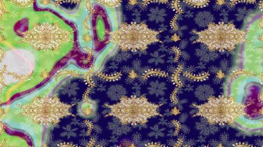 Raster altın desen. Doğu tarzı arabesk. Çizim altın desenli bukleler. Raster illüstrasyonu. Altın elementli mavi renkler.