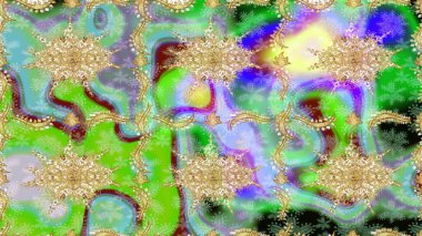 Yeşil renkli, altın elementli Raster eskiz deseni. Tasarım için Damask çizim deseni.