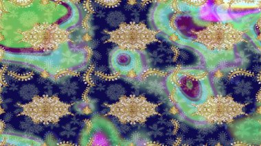 Eskiz oryantal klasik altın desen. Mavi renklerde altın tekrarlayan elementler içeren soyut Raster arkaplanı.