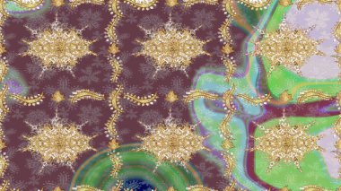 Çizim altın desenli bukleler. Raster Golden eskiz kalıbı. Kahverengi renkte çizim deseni. Doğu tarzında altın elementler arabesk.