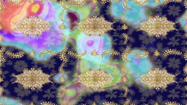 Süslü raster dekorasyonu. Barok tarzında duvar kâğıdı tasarımı için eskiz şablonu arka planı. Altın elementlerle mavi renklerde altın desen.