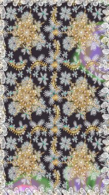 Raster illüstrasyonu. Kusursuz altın desenli bukleler. Doğu tarzı arabesk. Altın elementli gri renkler. Raster altın desen.