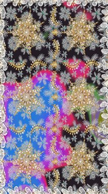 Süslü dekorasyon. Damask altın soyut çiçek gri renklerde pürüzsüz desen. Raster illüstrasyonu.