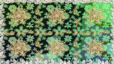 Yeşil renklerde grafiksel, modern, pürüzsüz desen. Kusursuz çiçek deseni. Kusursuz raster arka plan. Duvar kâğıdı barok, İspanyol kumaşı.