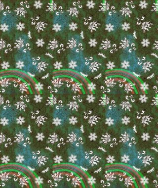 Soyut etnik raster çizim kalıbı. Arkaplan dokusu, duvar kağıdı, yeşil ve kahverengi renkli çiçek teması. Kabile sanatı boho baskısı, klasik çiçek arkaplanı.