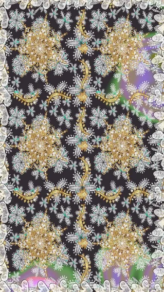 Raster illüstrasyonu. Kusursuz altın desenli bukleler. Doğu tarzı arabesk. Altın elementli gri renkler. Raster altın desen.