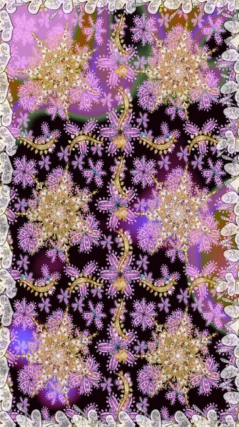 Tarafsız renklerde altın element. Damask arkaplanı. Altın çiçekli, pürüzsüz desen. Barok tarzında altın çiçekli süs..