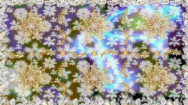 Damask altın soyut çiçek nötr renklerde pürüzsüz desen. Süslü dekorasyon. Raster illüstrasyonu.