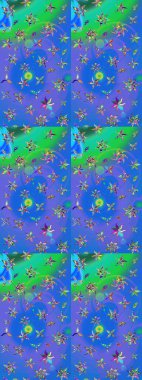 Raster illüstrasyonu. Mavi ve yeşil renklerde. Çiçekli güzel suluboya desen.