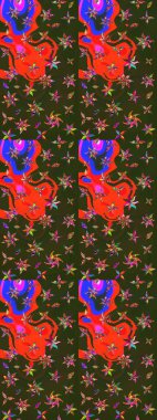 Raster illüstrasyonu. Çiçek desenli çizim. Asya tekstil gri ve yeşil renkler.