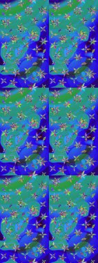 Çiçek mavisi ve yeşil çizim deseni. Raster çiçek izi. Klasik taslak çizimi. Raster Yumuşak kumaş deseni.