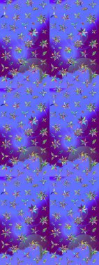 Mor ve mavi renkte çiçekler olan çiçek deseni çiz. Suluboya tarzında mor ve mavi renkte çiçekler.