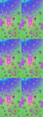 Patlayan çiçekler soyut olarak yerleştirilmiş. Raster deseni. Yumuşak, yeşil ve mor renkte bahar çiçekleri. Raster illüstrasyonu.