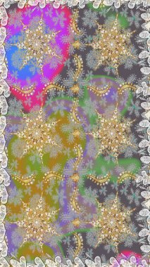 Openwork delicate golden pattern. Oriental style arabesques. Seamless golden texture curls. Raster. Seamless pattern on gray colors with golden elements. Brilliant lace, stylized flowers, paisley.