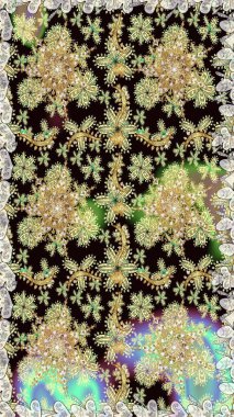 Kusursuz raster arka plan. Altın elementler siyah ve nötr renklerde. Çiçek deseni. Şık bir grafik desen. Duvar kâğıdı barok, İspanyol kumaşı.