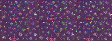 Parlak renkli fantezi çiçekleri, yapraklar, mor ve mor renkli tomurcuklar, mor ve menekşe rengi. Suluboya el çizimi elementli çiçek çizimi deseni.