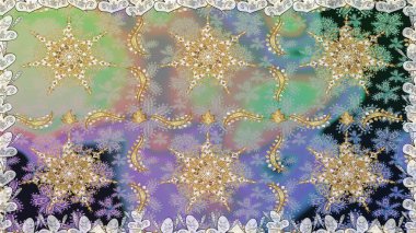 Doğu tarzı element. Davetiyeler, kartlar, web sayfası için Raster illüstrasyon. Altın desenli çiçek dekoru. Tarafsız ve gri renklerde altın element. Çizgi sanatı tasarım şablonu için sınırsız sınır.