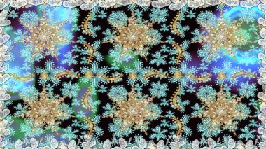 Kusursuz kraliyet lüksü, altın barok kumaş rengi. Altın antika ortaçağ dekoratifi, yapraklar ve altın desenli süslemelerle renksiz ve mavi renklerde..