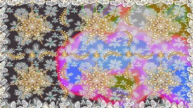 Raster geometrik arka plan. Gri ve nötr renklerde, altın çiçekli altın desenler. Senin tasarımın için, duvar kağıdı. Altın rengi kusursuz illüstrasyon.