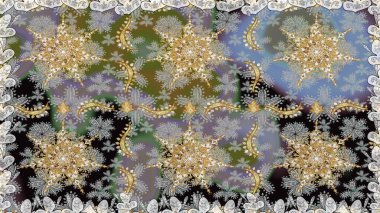 Gri ve nötr renklerdeki altın desenli altın elementler. Süslü dekorasyon. Raster klasik barok çiçeksiz altın desenli. Lüks, kraliyet ve Viktorya dönemi konsepti.