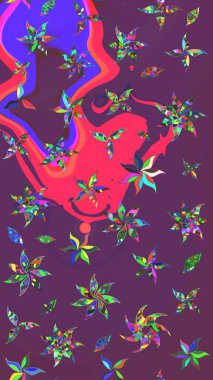 Raster çiçek desenli çiçek deseni, yapraklar, dekoratif elementler, sıçrama, lekeler, el çizimi kontur çizgileri ve Doodle çizim stili, grafik raster çizim çizimi.