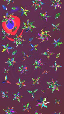 Çok kahverengi ve mor zarif küçük çiçekler ve kahverengi ve mor renkli komik böcekler, raster deseni, illüstrasyon.